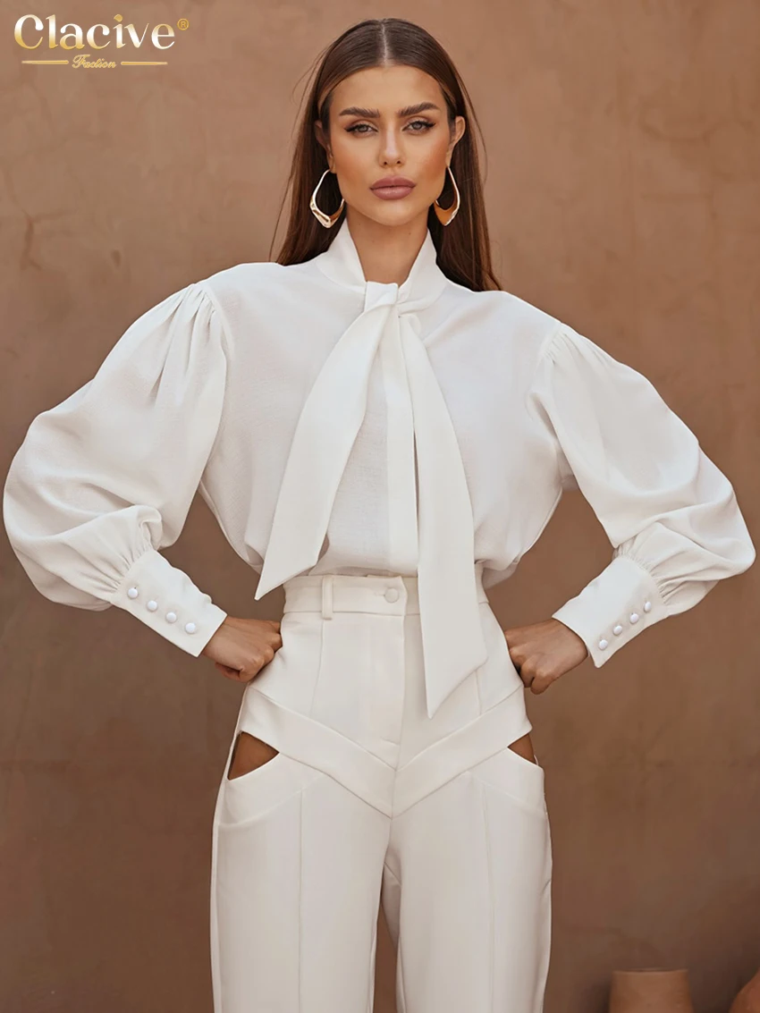 Clacive Casual Loose White Women's Shirt 2025 Fashion Bow Collar Long Sleeve Shirts Elegant Classic Solid Top Female Clothing