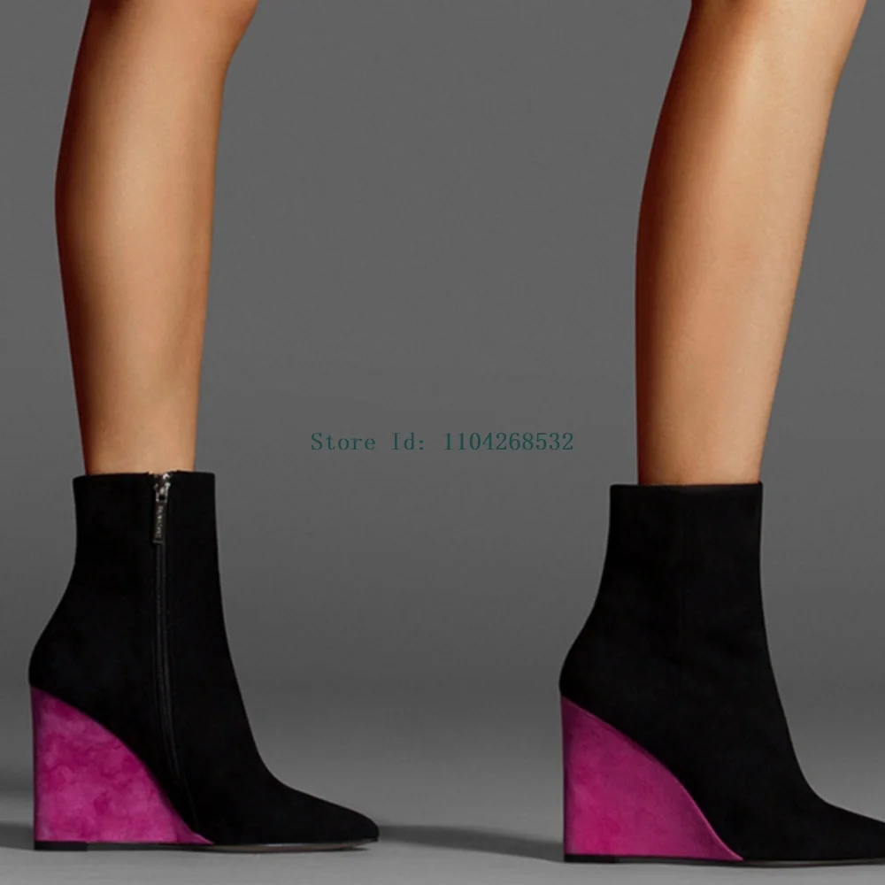 Pink Colour Wedges Suede Ankle Boots Sexy Pointed Toe Zipper Mixed Colors New Arrivals Women Fashion Modern Boots