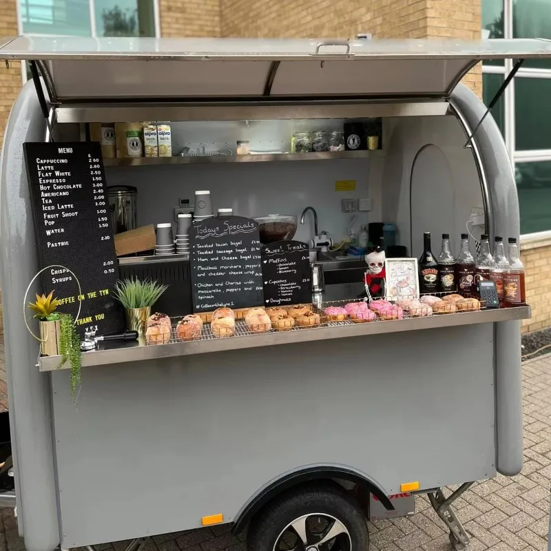 Round Coffee Shop Food Cart Multifunctional Mobile Coffee Ice Cream Cart Food Grade Stainless Steel Waterproof Easy Move Ideal
