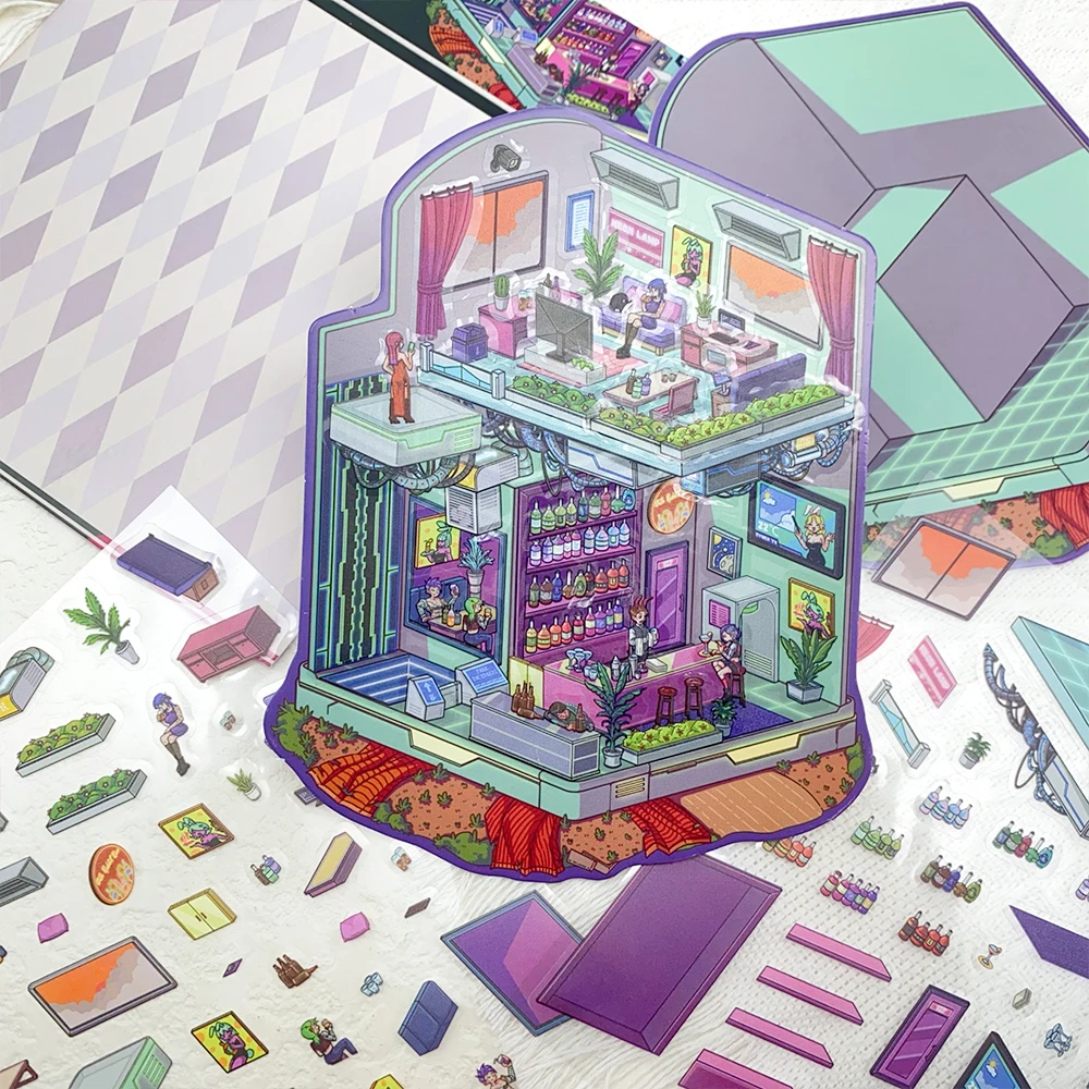 

2pcs Cartoon Cyber Cabin Miniature Scene 3D Landscaping Stickers DIY Scene Stacking and Pasting Hand Account Creative Gifts