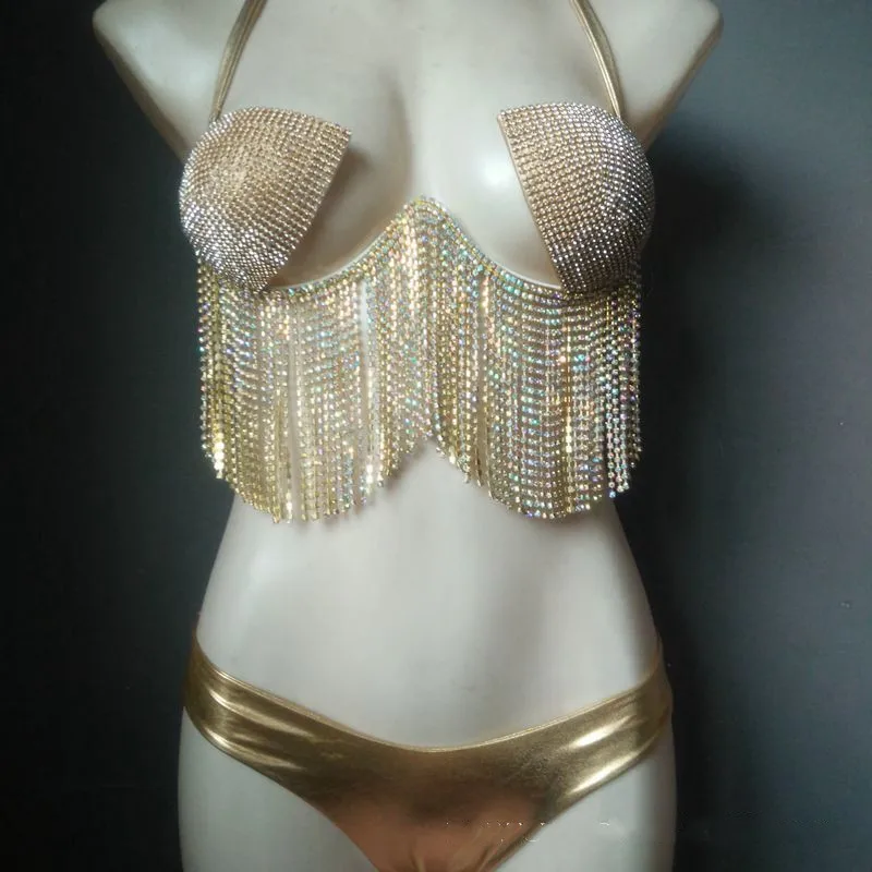 

Red Pink Rhinestones Chains Hard Cup Bra Briefs Set Club Party Nightclub Bar Pole Dance Bikini Sexy Costume