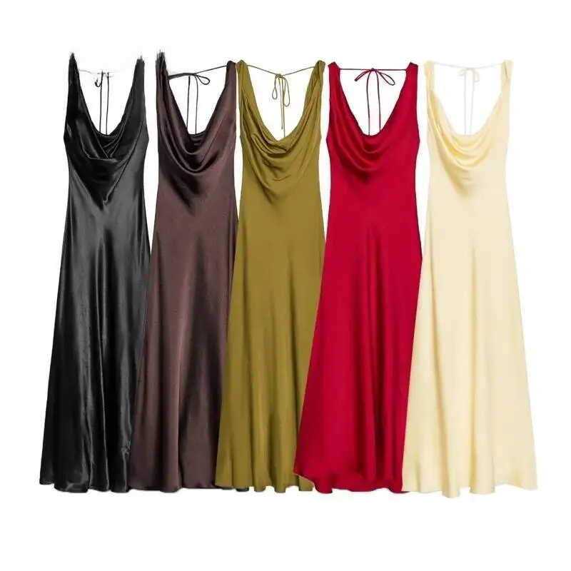 Summer New Arrival Women's Dr Silk Satin Texture V-Ne A-Line Asymmetrical Hemline Gown High Waist Polyester Fiber