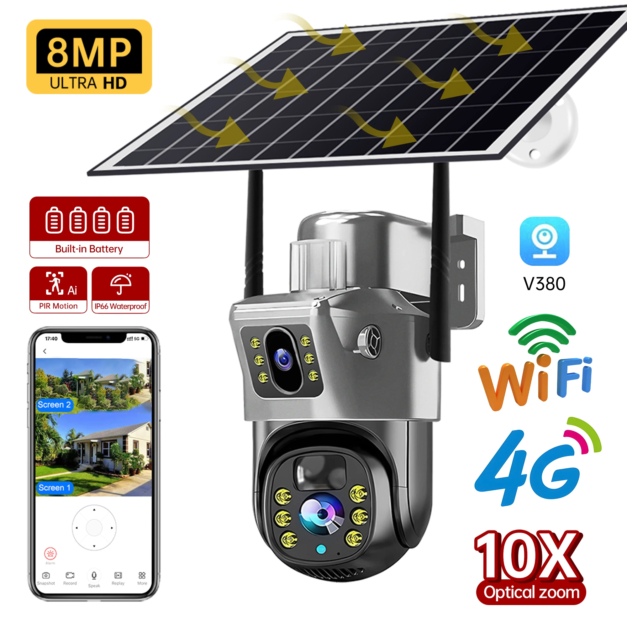 

Wifi 4G Solar Camera Dual Lens Outdoor 4K 8MP Wireless Surveillance Night Vision Waterproof CCTV Security Protection Ip Cameras