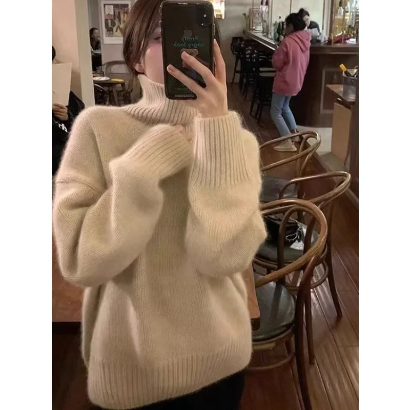 

Осень-зима женский трикотаж с высоким воротом однотонный теплый свитер мягкий винтажный вязаный пуловер с длинными рукавами