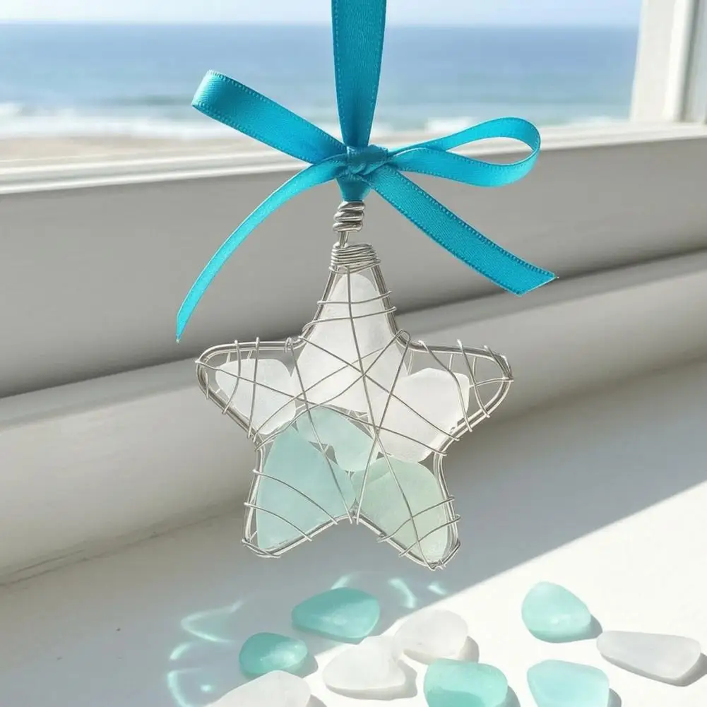 Handmade Sea Glass Star, Coastal Style Hanging Ornament Glass Star Decoration with Bowknot Christmas Sea Glass Keepsakes