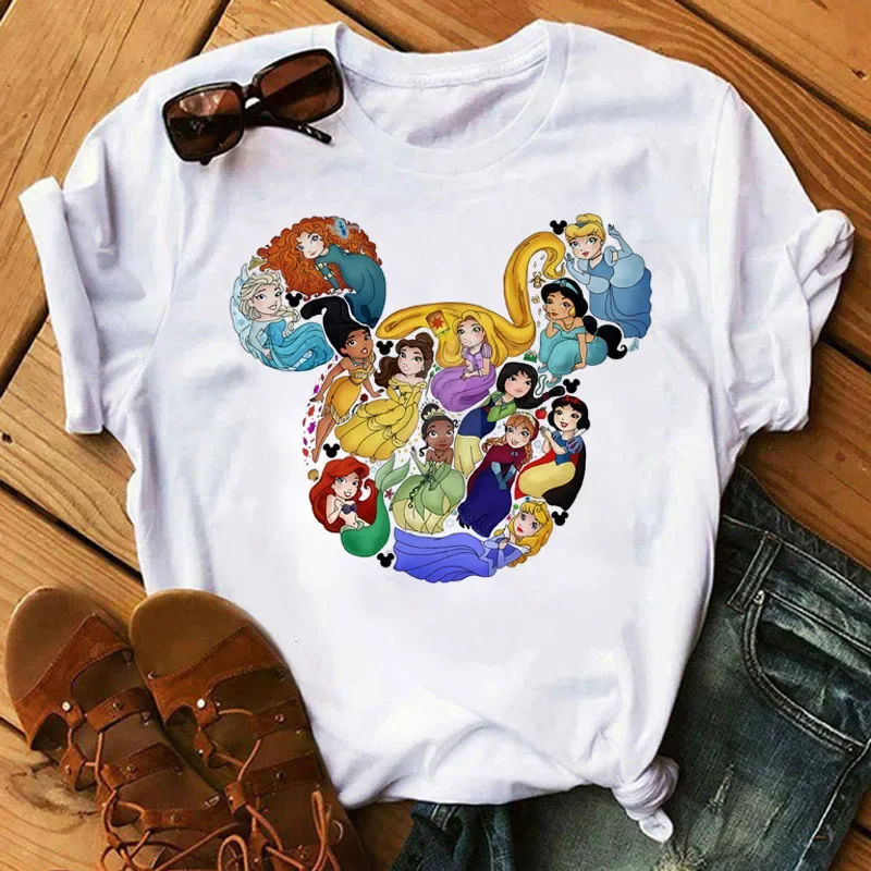 Disney Cartoon Cute Princess Women T-shirt Kawaii Graphic Short Sleeve T Shirt 2024 Summer Streetwear Print Y2k Clothing Tops