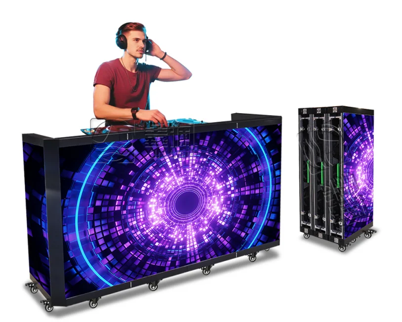 Rental P2.604 Six-Fold Portable LED Screen DJ Booth Rolling Wheels Mobile Stage For Elevator Music Festival Bar And Club&Gala