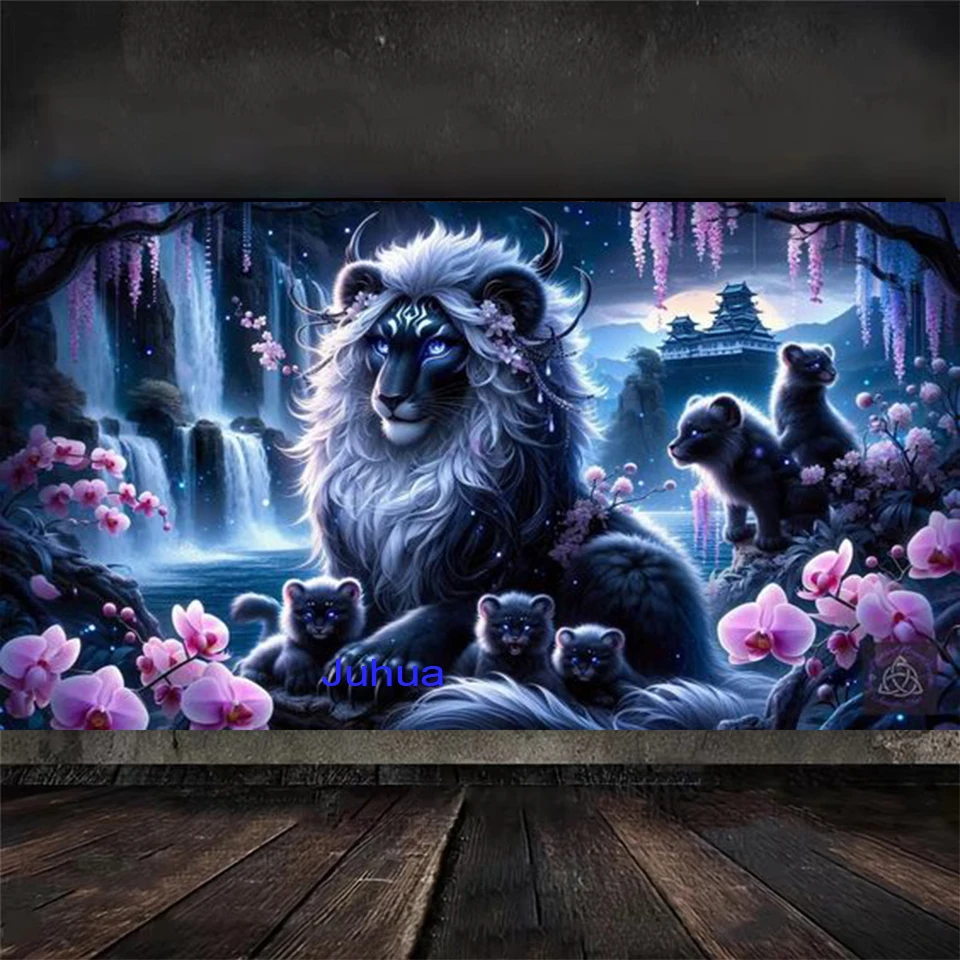 Amazing Vibrant Black Lion Mum And Cub Waterfall landscape flowers Diy 5D Diamond Painting Kit Fantasy Psychedelic Art Mosaic