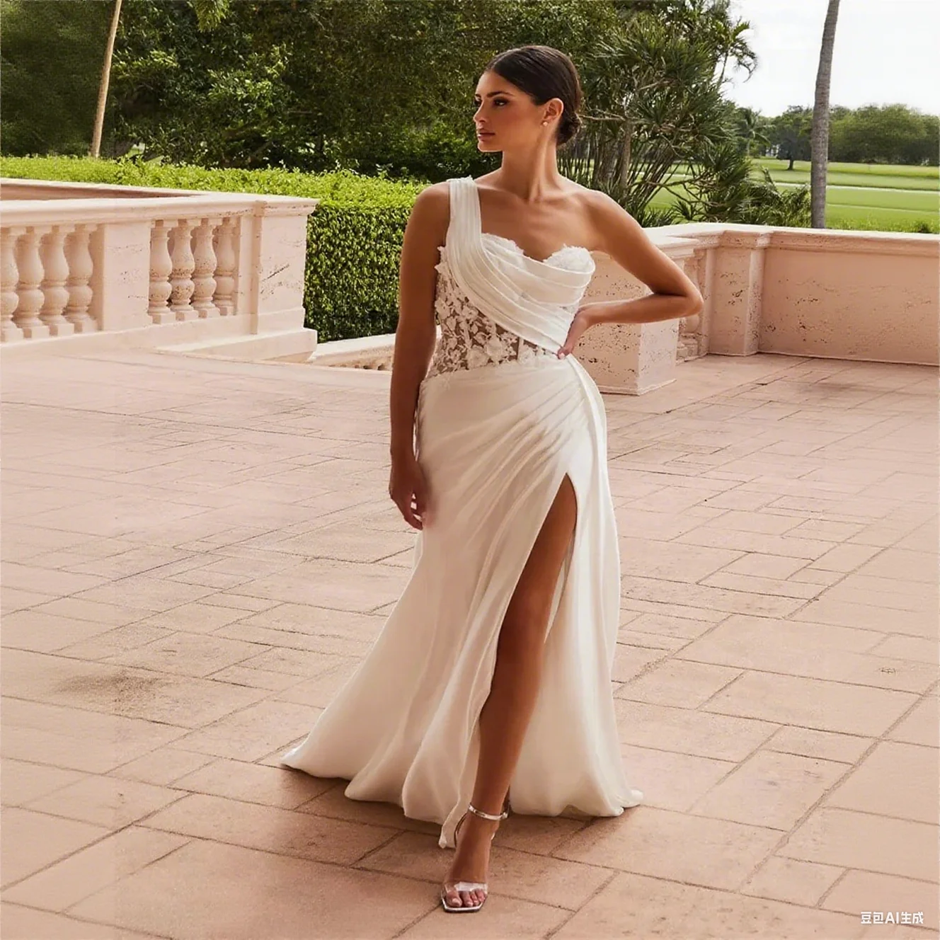 

Customized One Shoulder Sweetheart Neckline Sleeveless Satin Straight Wedding Dress Open Back Zipper Floor Length Side Slit Gown