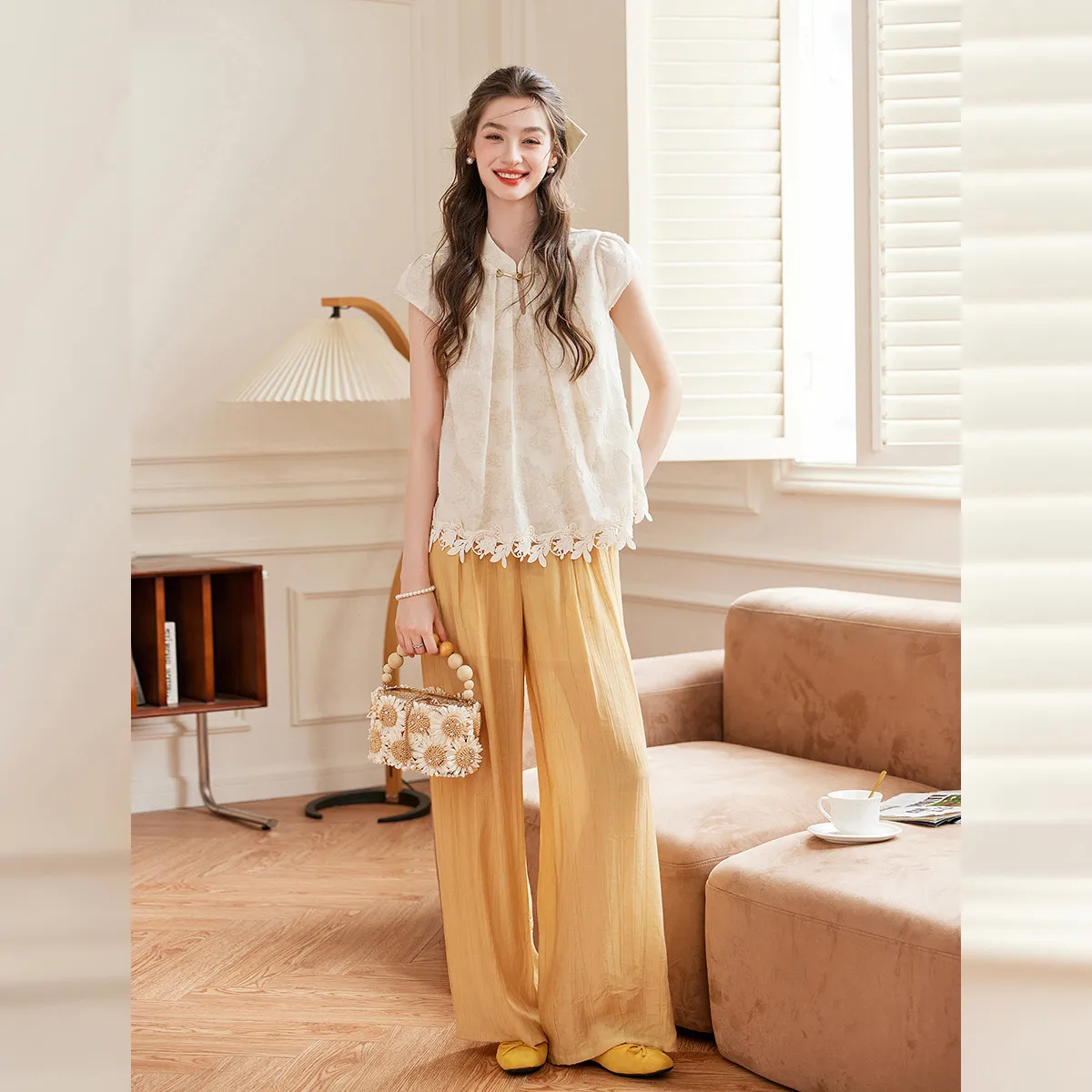 LOUIS YAO Linen-blend Women's Sets 2026 Chinese Style Jacquard Two-piece Set Frog Button Short Sleeve Top Straight-leg Pants