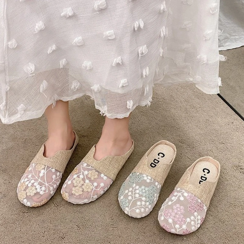 

Breathable Mesh Linen Slippers For Women Summer Flat Shoes Anti-slip Female Indoor Outdoor Slides Office Lady Walking Sandals