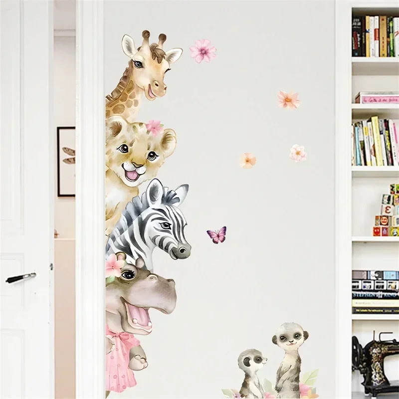 Door Stickers Cute Jungle Animals Lion Zebra Giraffe Wall Stickers for Kids Room Baby Nursery Room Home Decor Wall Decals Mural