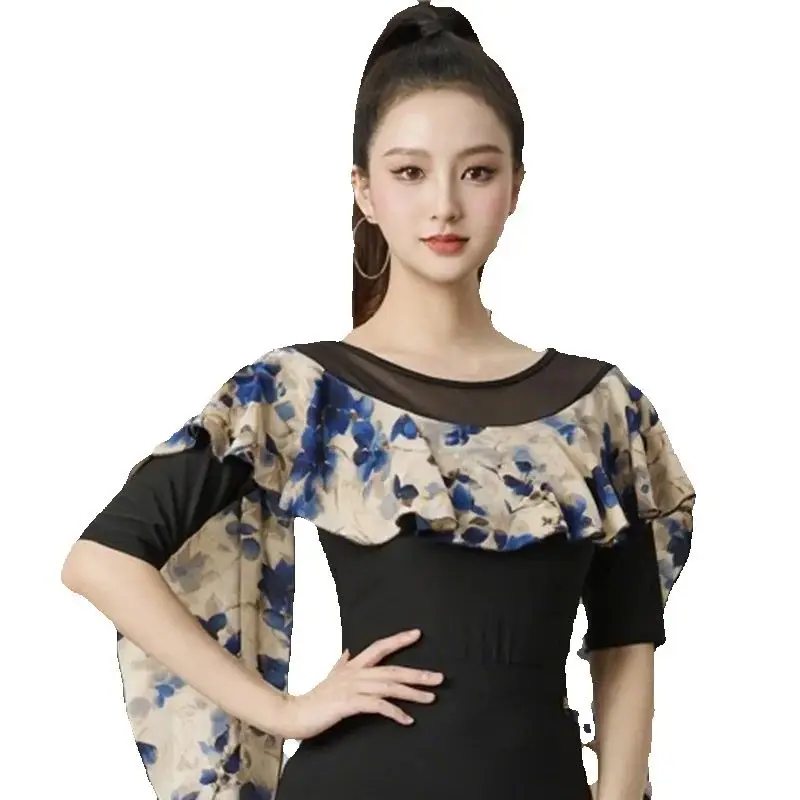 ملابس علوية لقاعة الرقص بأكمام عائمة للنساء شبكة سوداء ملابس الرقص الحديثة للبالغين ملابس ممارسة الرقص اللاتينية التانغو DW10843