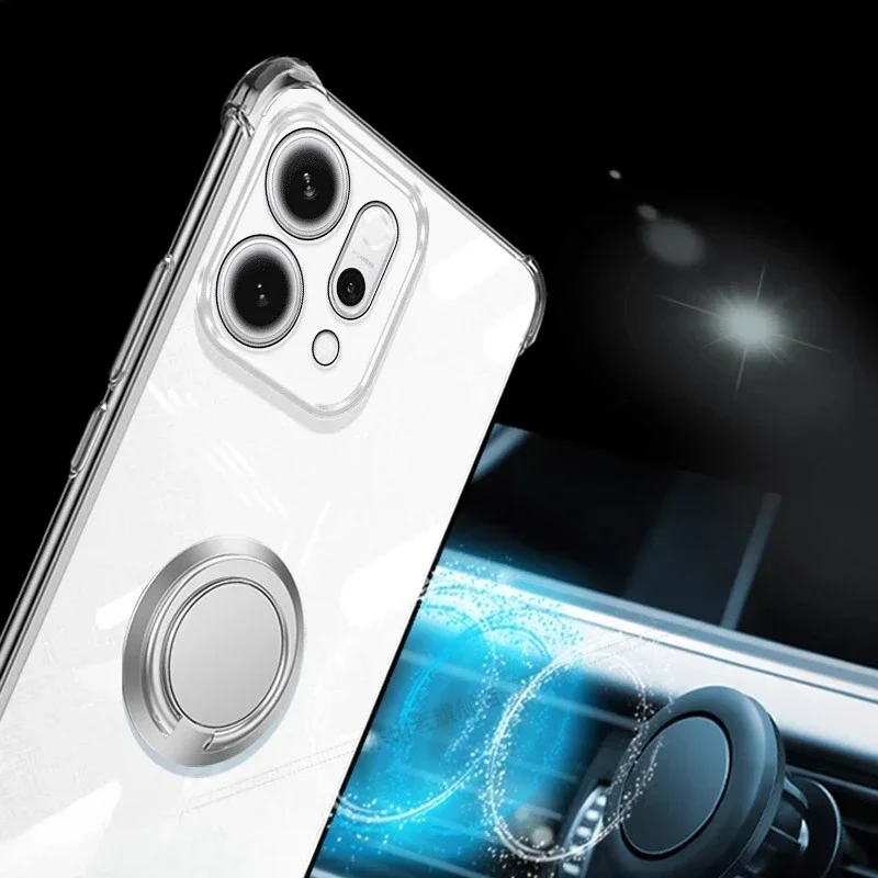 غطاء لهاتف اوبو رينو 14 برو حافظة شفافة مقاومة للصدمات لهاتف رينو 14 برو حامل حلقي مغناطيسي وسادة هوائية غلاف من السيليكون الناعم