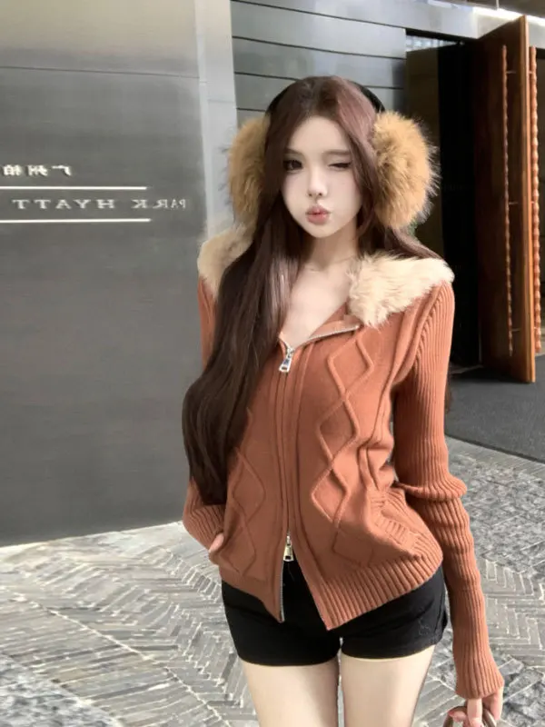 

Ретро-свитшот с вязаной шапкой и меховым воротником, женский, модный, весна 2026, приталенный, с длинным рукавом, теплый, на молнии, цветной