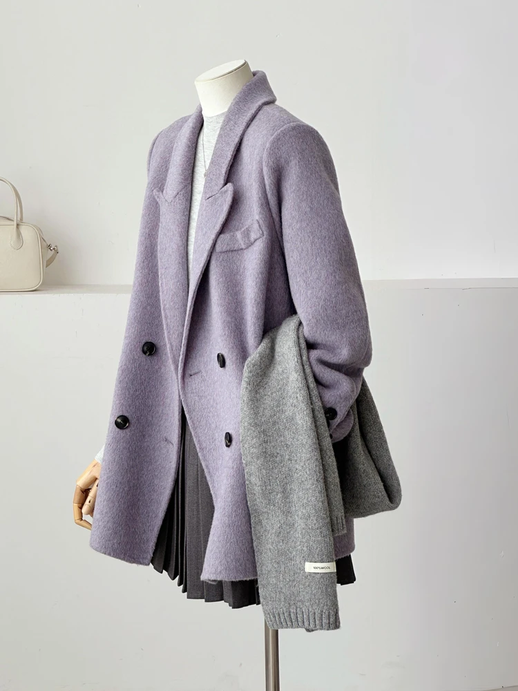 French Style Purple Suit Wool Woolen Coat Autumn Winter New Double Breasted Texture Temperament Warm Coat High-end Women's Coat