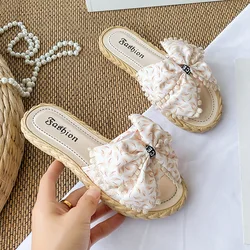 Slippers Women Summer Floral Indoor Soft Bottoms Womens Shoes for Women Tassel Bow Flip Flops Women Beach Flat Fairy Cool Sandal