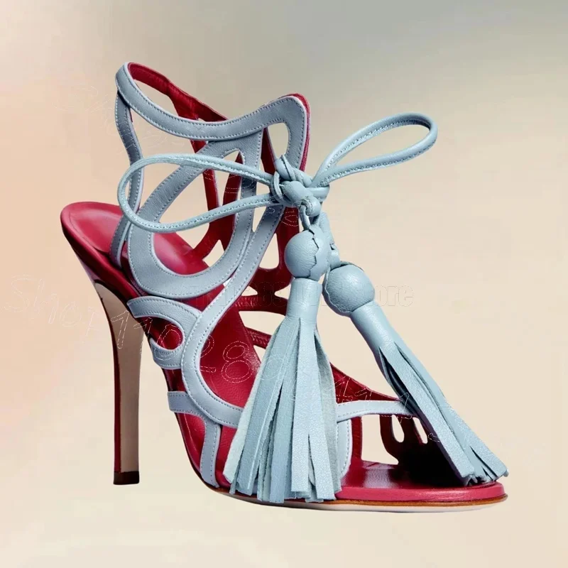 รองเท้าส้นสูงแบบเปิดนิ้วเท้า ดีไซน์โปร่ง สีฟ้า ประดับพู่  ผูกเชือก  สำหรับผู้หญิง ส้นบาง  เหมาะสำหรับงานปาร์ตี้ งานเลี้ยง ออกเดท ปี 2025 รองเท้าผู้หญิง