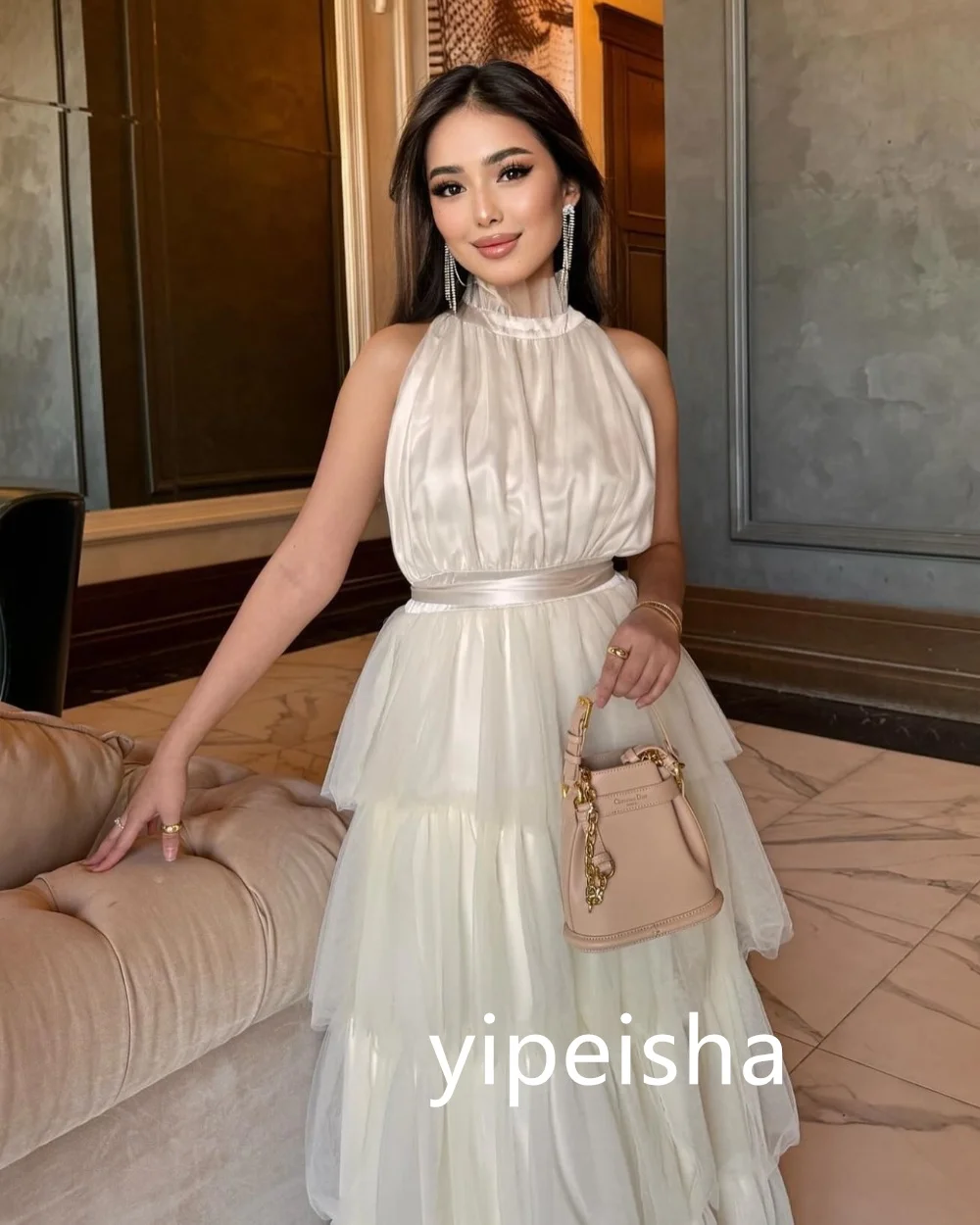 Classic Net Pleat A-line O-Neck Midi Dresses Prom Dresses Exquisite Modern Style Pastrol Unisex Chinese Style Formal Casual