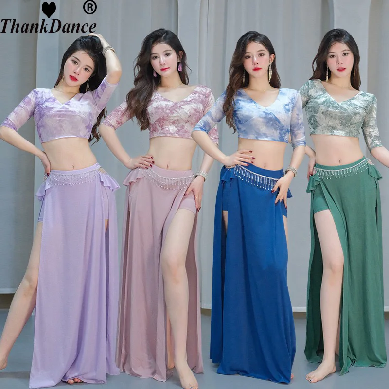 

Комплект профессиональных костюмов для танца живота, женская блестящая одежда для выступлений, топ с короткими рукавами + длинная юбка, комплект из 2 предметов, одежда для восточных танцев