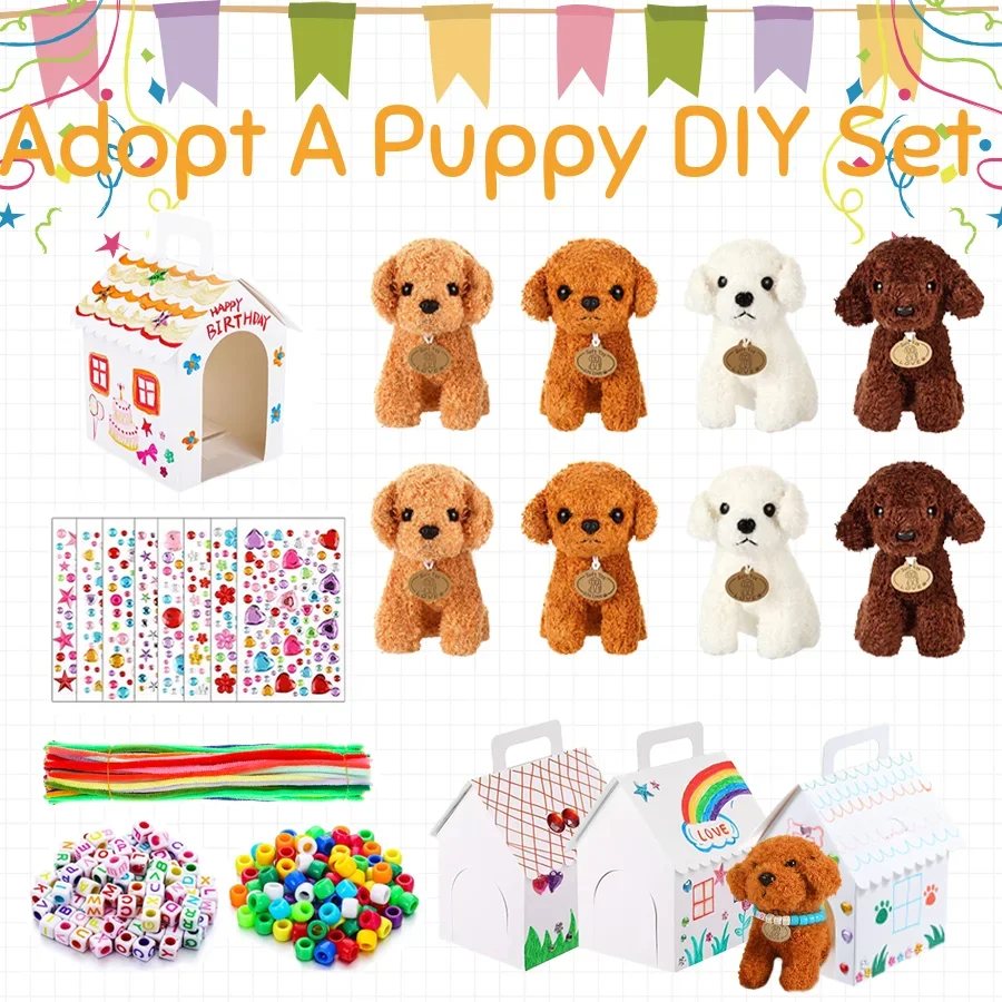 DIY Adopt a Puppy Party Favors Kit 8-24 Sets Make Your Own Stuffed Teddy Dog Bead Pet with Dog House And Necklace Craft Supplies