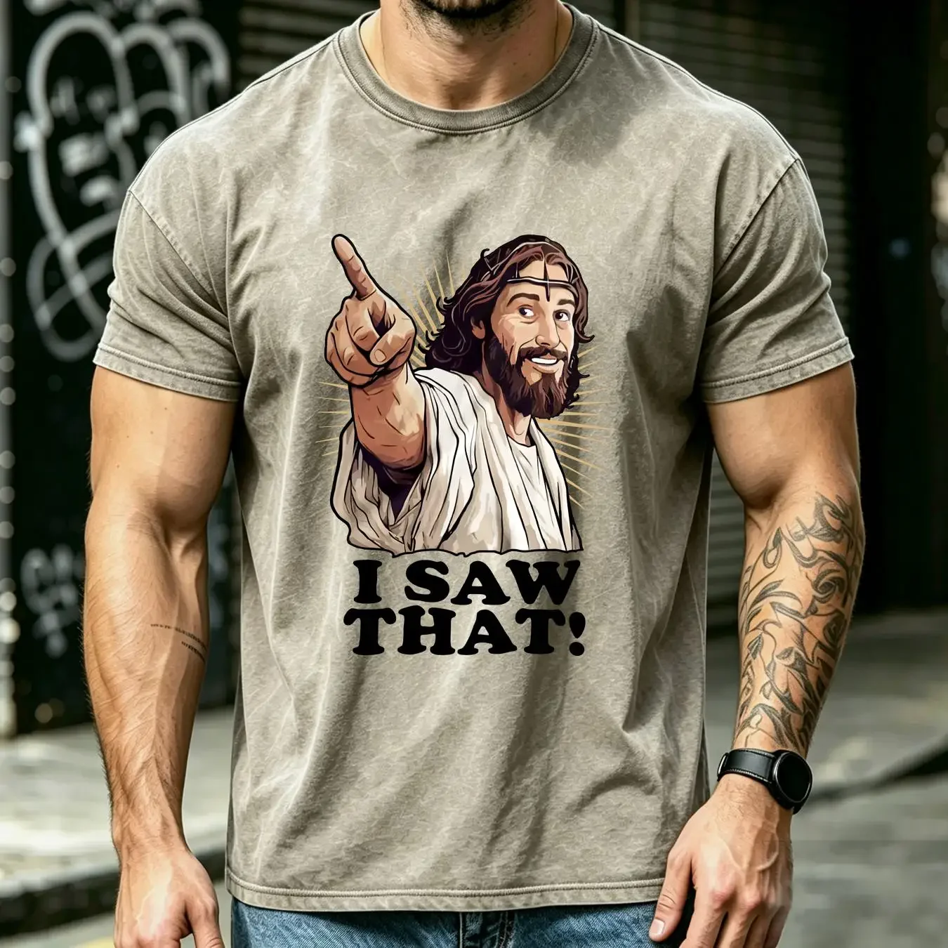 washed T Shirt I Saw That Funny Jesus Religious Humour long or short sleeves vintage Washed designer clothes