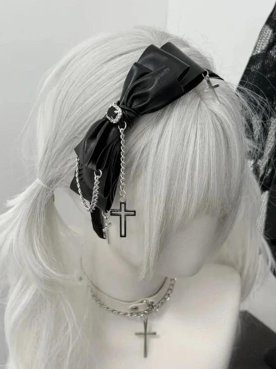 

Оригинальная повязка на голову в стиле Харадзюку в стиле темной Лолиты с бантом, субкультура, готическая стразная металлическая цепочка, кулон, повязка на голову с крестом для женщин