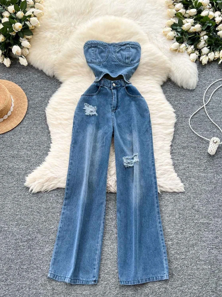 

Hong Kong style chic new design sense hollowed out sleeveless high waisted slimming and perforated casual denim jumpsuit