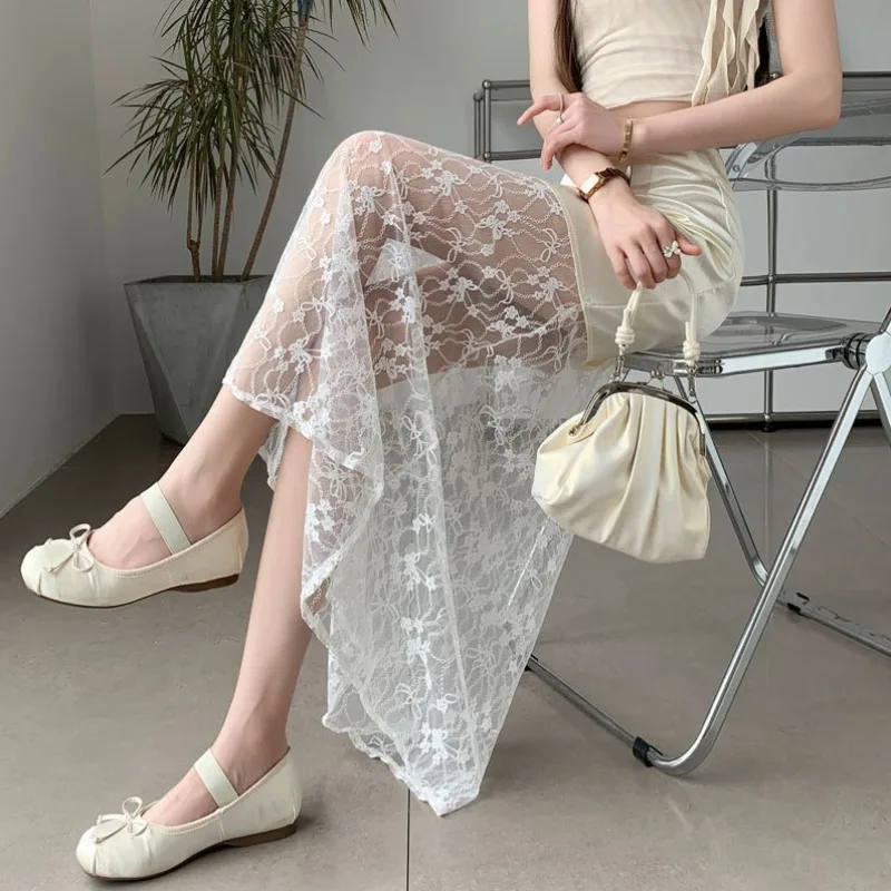 New Fashion Summer Lace Splicing Skirt Women Office Lady Slim High Waist Casual Midi A-Line Hollow Out Skirts Solid Color Jupe