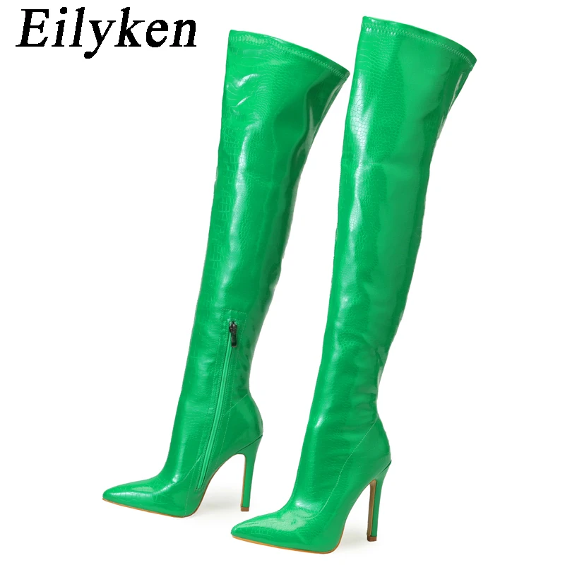 Eilyken Sexy Snake Print Leather Pointed Toe Women Over The Knee Boots Fashion Zipper Winter Thigh High Boots Stripper Shoes