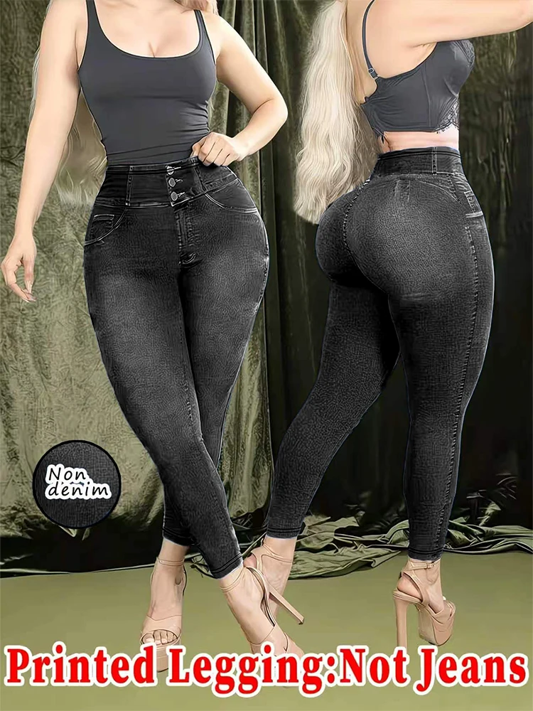 Women Printed Leggings Not Denim Fabric, Fake Pocket & Button Print Design Pants, High Elastic Fashion Slim Fit Skinny Casual