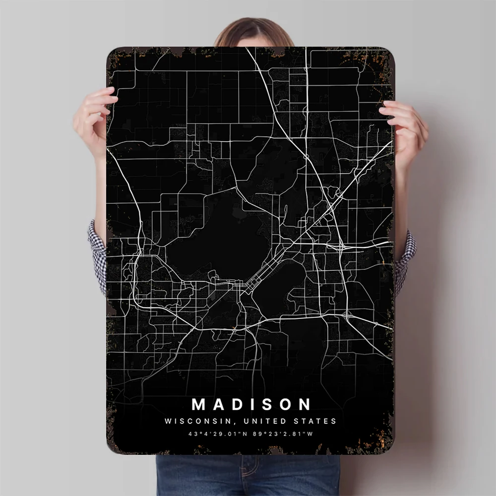 Madison Wisconsin EUA Mapa Arte de parede de metal Moderno e minimalista Decoração de casa Sala de estar Estudo Decoração suspensa