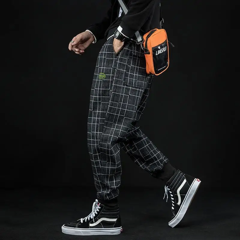 Summer casual pants, black plaid pants, men's loose fit, chubby Harlan pants, men's oversized trendy sports pants trend