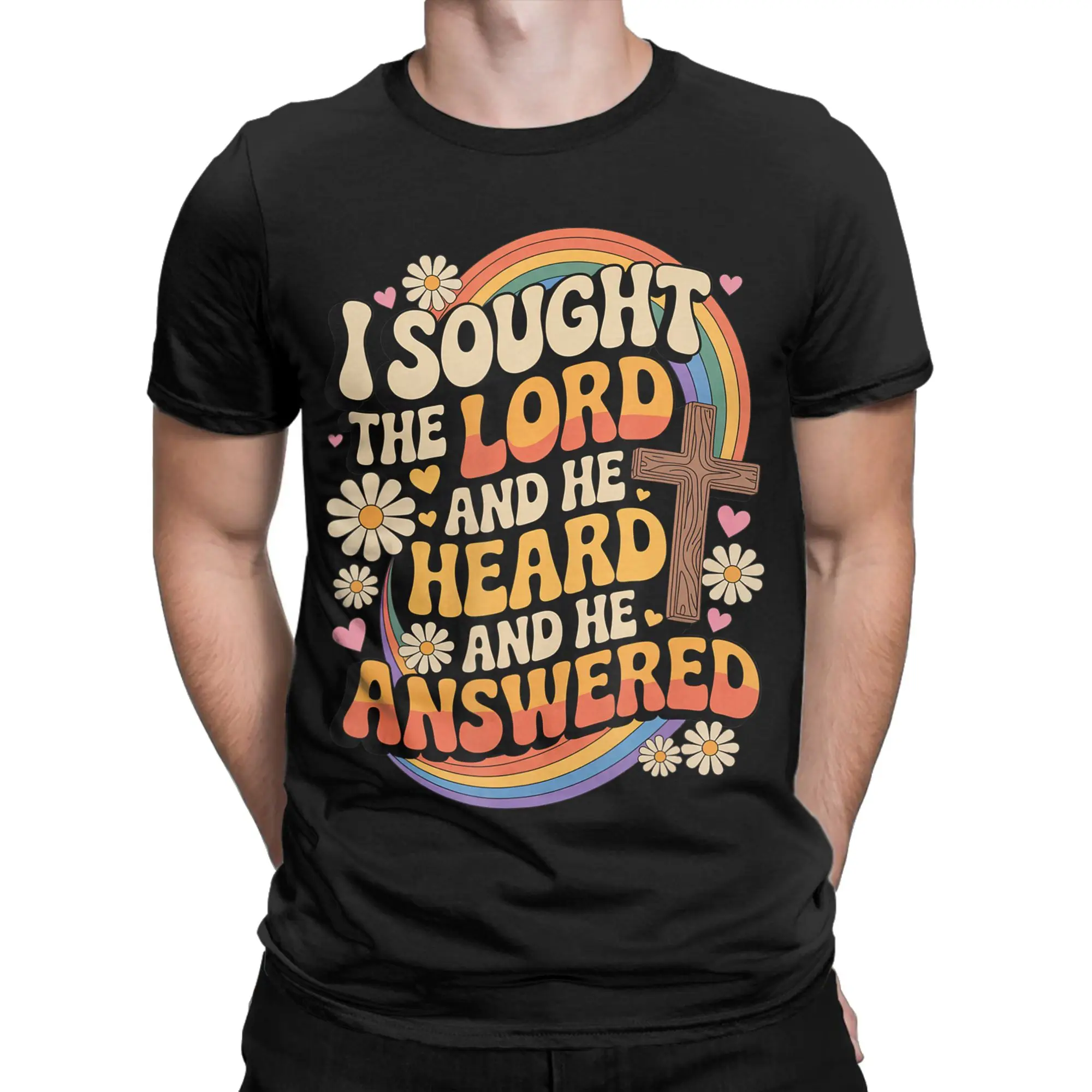 I Sought The Lord And He Answered  Men's T Shirts  Cool Tees Short Sleeve Crew Neck T-Shirt Pure Cotton Unique Tops