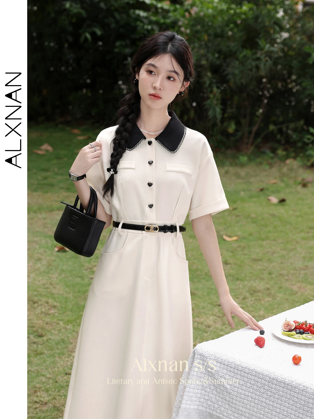 

ALXNAN Contrast Polo Collar A-line Sweet Dress for Women 2024 Summer Commuter Comfort Short Sleeve Midi Dresses Woman L35808