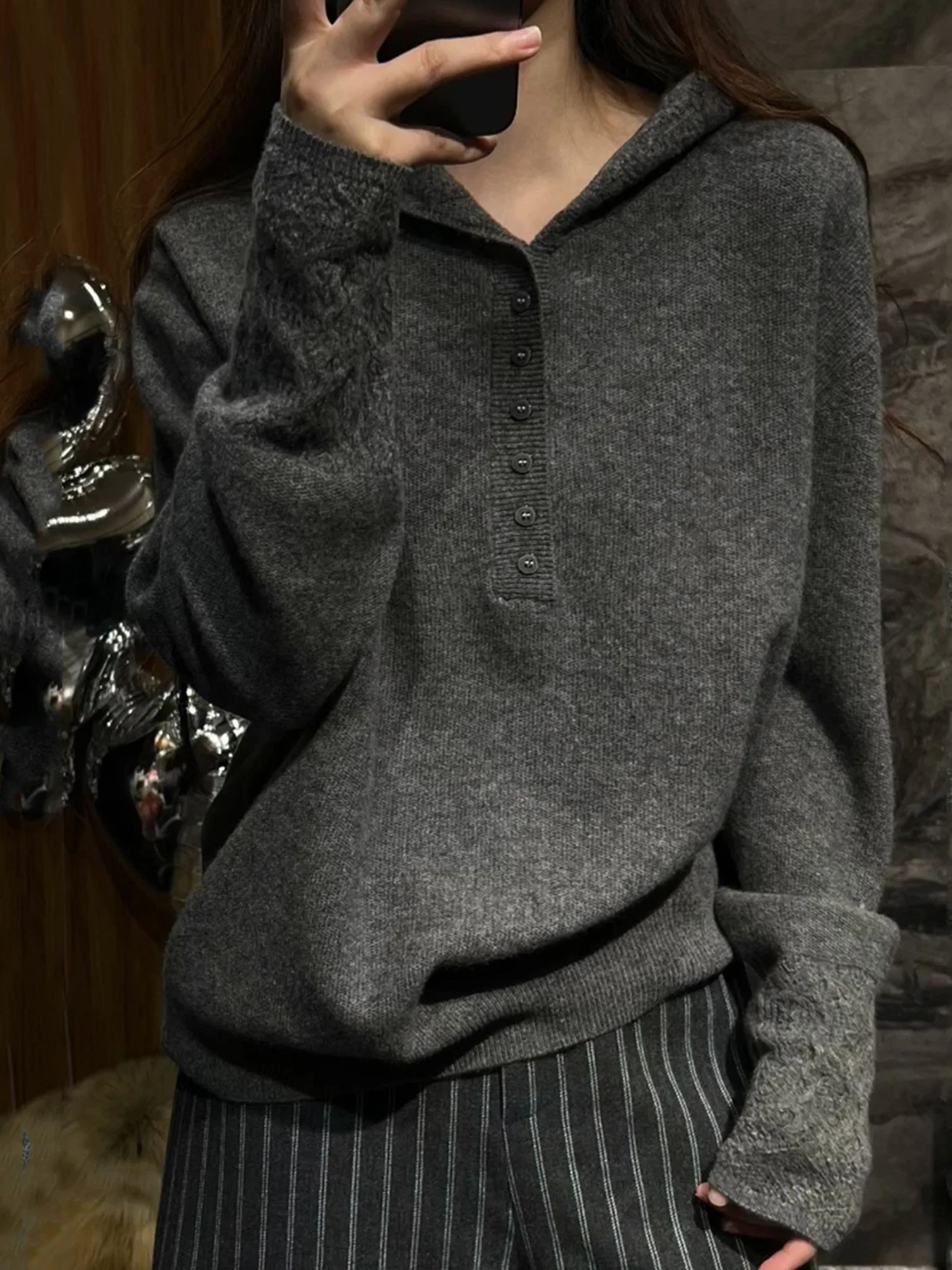 

Корейский трикотаж с капюшоном Long Sve Удобный простой осенне-зимний топ на голове поверх высококачественной основы универсальный для поездок на работу...