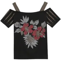 Streetwear Girl Summer Chic Clothes T-Shirt New Sexy Hollow Out Diamonds Cotton Women Tops Short Sleeve Off Shoulder Tees - Image 6