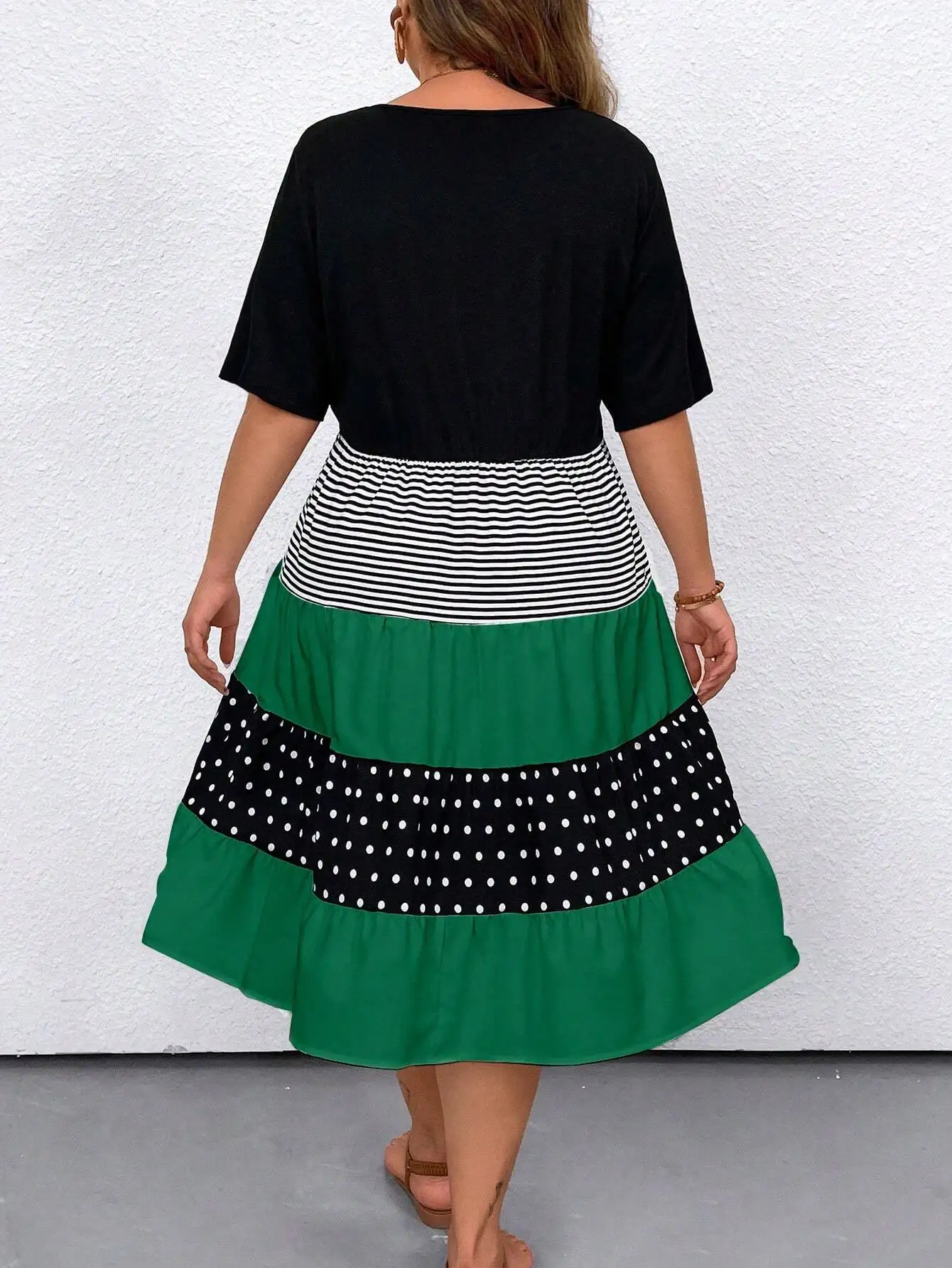 

Летнее платье для женщин больших размеров с круглым вырезом, короткими рукавами, в горошек и полоску, свободного кроя, повседневное.