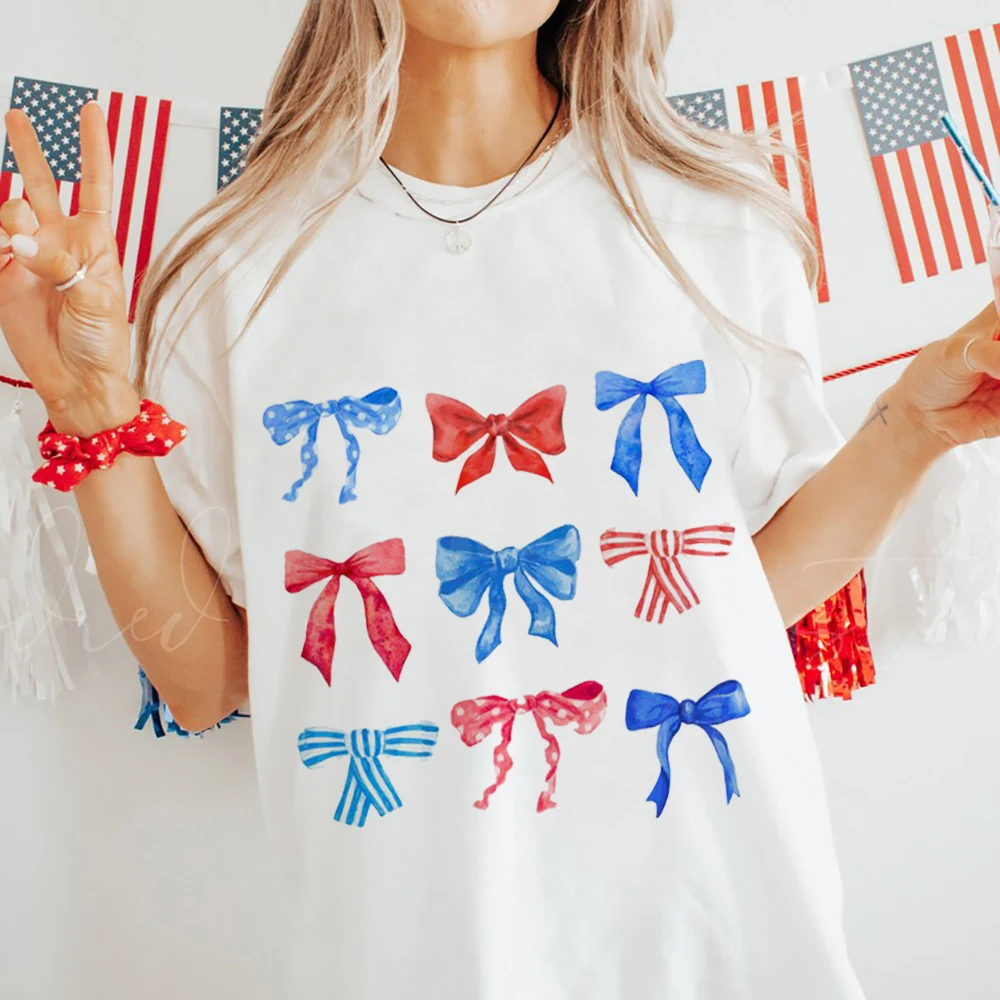 Coquette 4th Of July Printed T-Shirt Sweet Top Fashion Bow Pattern Trendy Style Casual Style Summer New O-Neck Top T-Shirt.