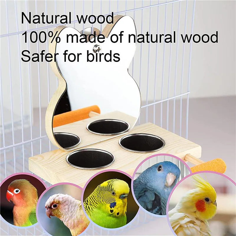 Parrots Mirror Feeder Cups Bowl Wooden Birds Toy Bird Feeding Cups Clamp Parrot Cage Hanging Stainless Steel Coop Dish Drop Ship