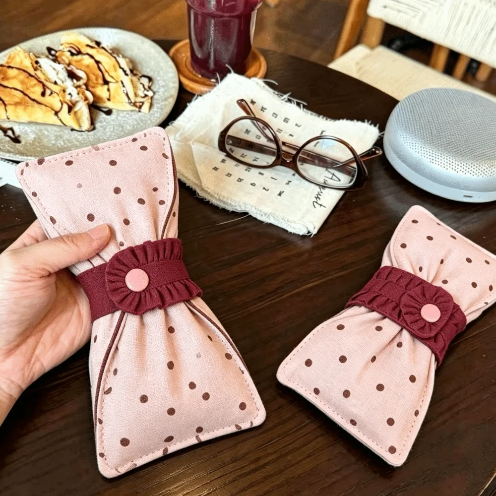 Bow Tie Shape Polka Dot Eyeglass Case Snap Button Closure Pink Color Glasses Storage Bag Anti Scratch Pressure Resistant