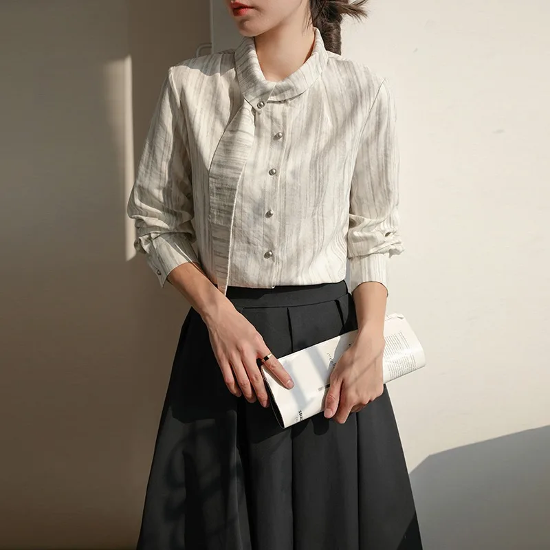Vintage Women's Blouses Casual Stripes Tops Fashion Loose Summer French Style Long Sleeve Korean Women Shirt