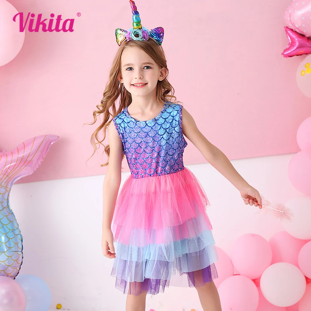 

VIKITA Kids Mermaid Print Birthday Party Dress Girl Layered Princess Cake Dress Girls Summer Sleeveless Dresses Children Clothes