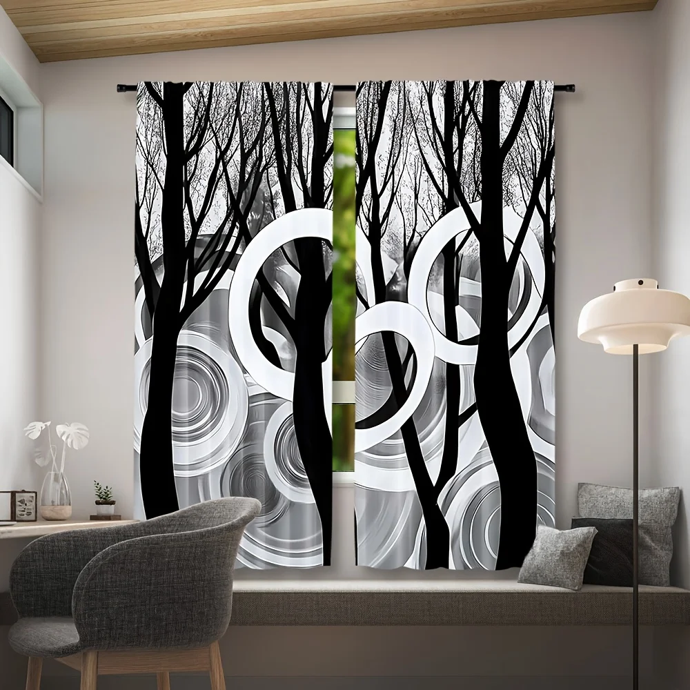 Modern Black White Tree Ring Curtain 2 Pack, Abstract Swirl Circle Silhouette Print Drapes Minimalist Bedroom Living Room Decor