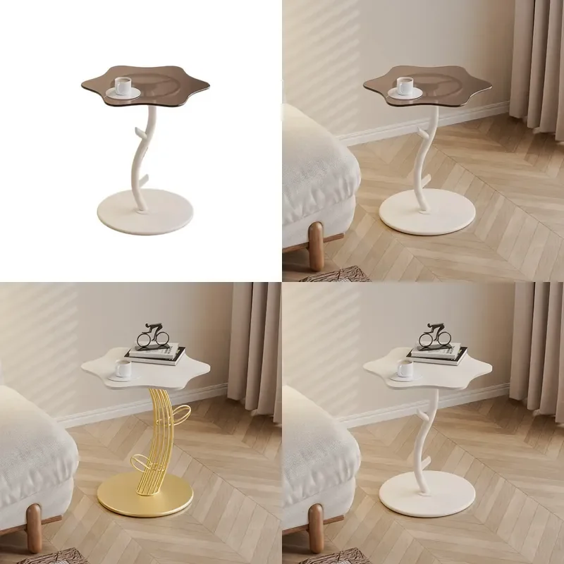 Cream Cloud Side Table with Sintered Stone Edge Minimalist Small Coffee Table for Living Room Bedroom Sofa Corner Decor