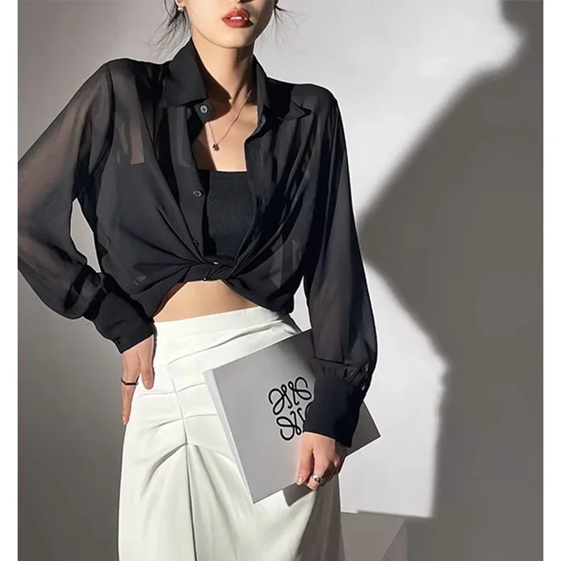 Sun-proof Transparent Shirt Female Mesh Long Sleeve Y2k Top Solid Loose Chiffon Blouse Korean Fashion Cardigan for Women