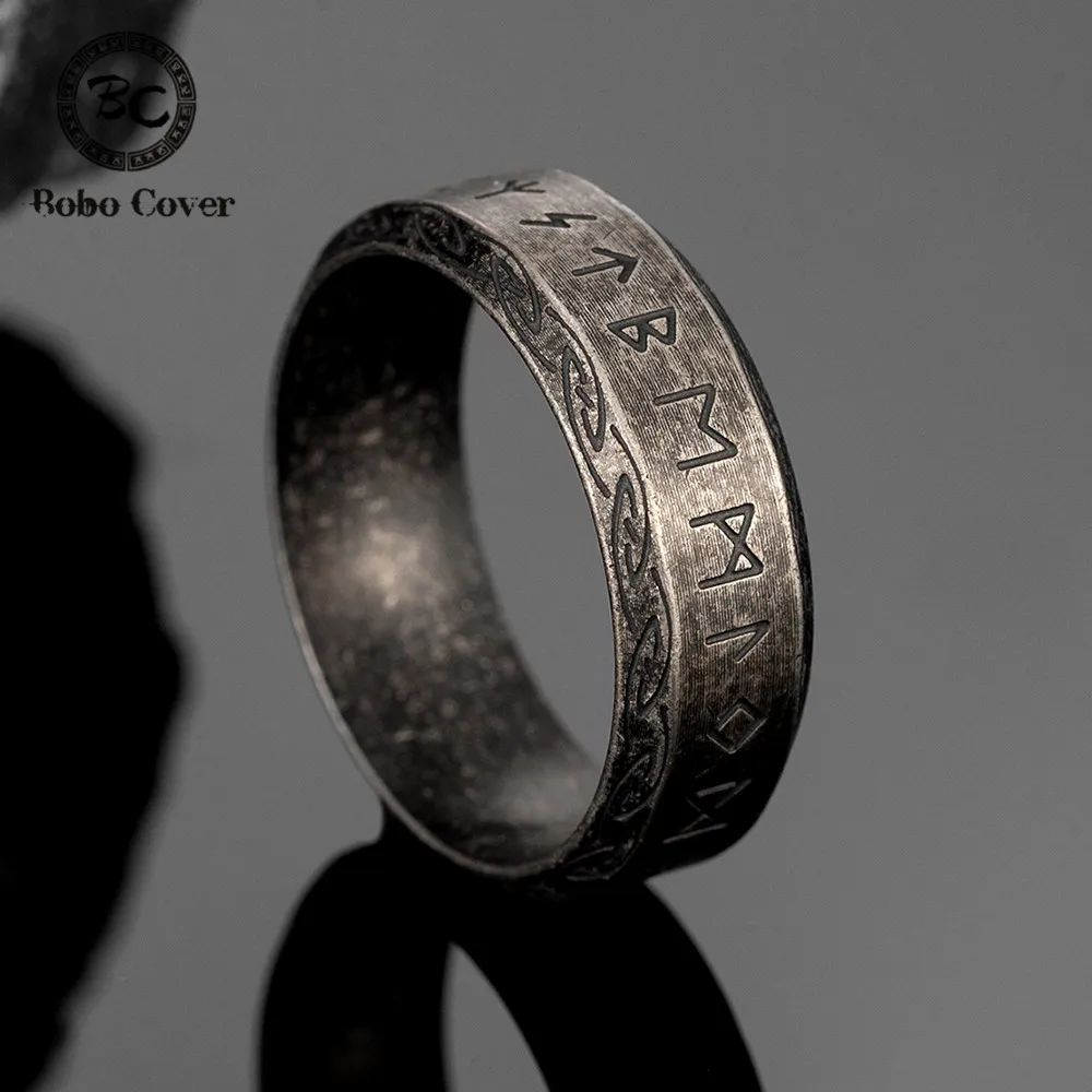 Vintage Norse Futhark Viking Runes Finger Rings Men's Antique Steel Celtic Knot Triquetra Talisman Accessories Icelandic Jewelry