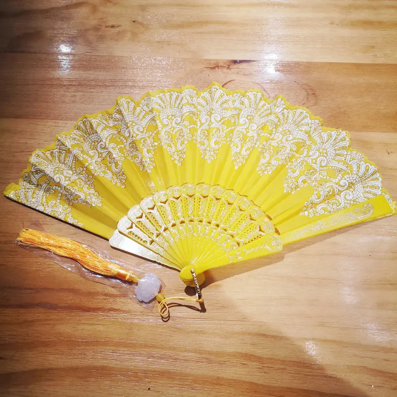 

Oriental Aesthetics Yellow Dancing Fan With Tassels New Chinese Style Gold Stamp Auspicious Clouds Pattern Hand Fan Accessories