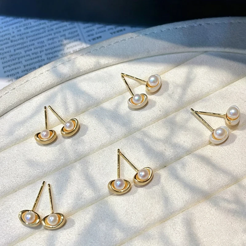 Small Gold Ingot Earrings For Women Light Luxury And High-End Feel Natural Freshwater Pearl Earrings