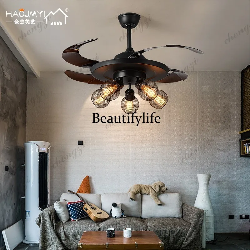 Industrial style living room ceiling fan light American retro restaurant booth box clothing store creative commercial